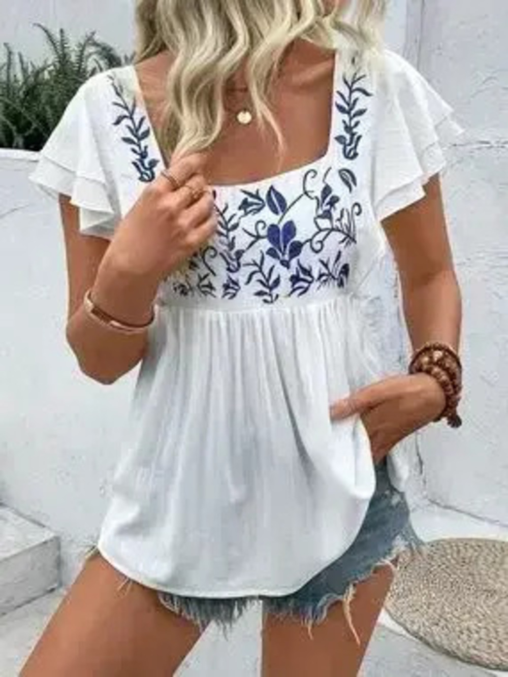 Embroidered Flutter Sleeve Blouse - Picture 5 of 7